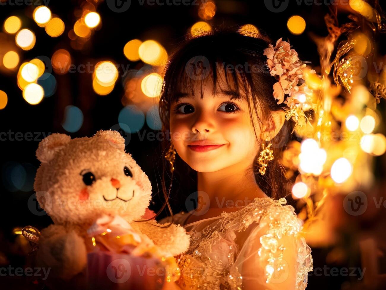 young girl holds her new plush toy tightly beaming smile on her face her eyes sparkling happiness as she enjoys moment illuminated warm fairy lights in background photo