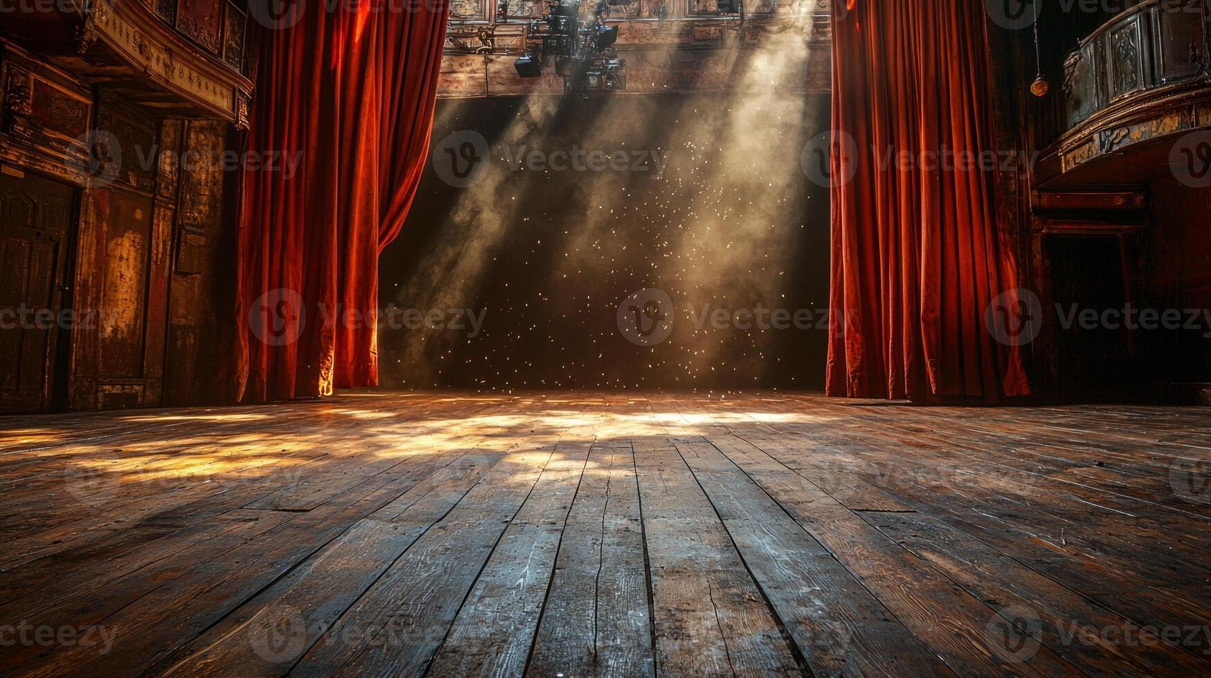 spotlight highlights wooden floor of dimly lit theater stage while shadows stretch and dust particles dance in air creating enchanting atmosphere of theater magic photo