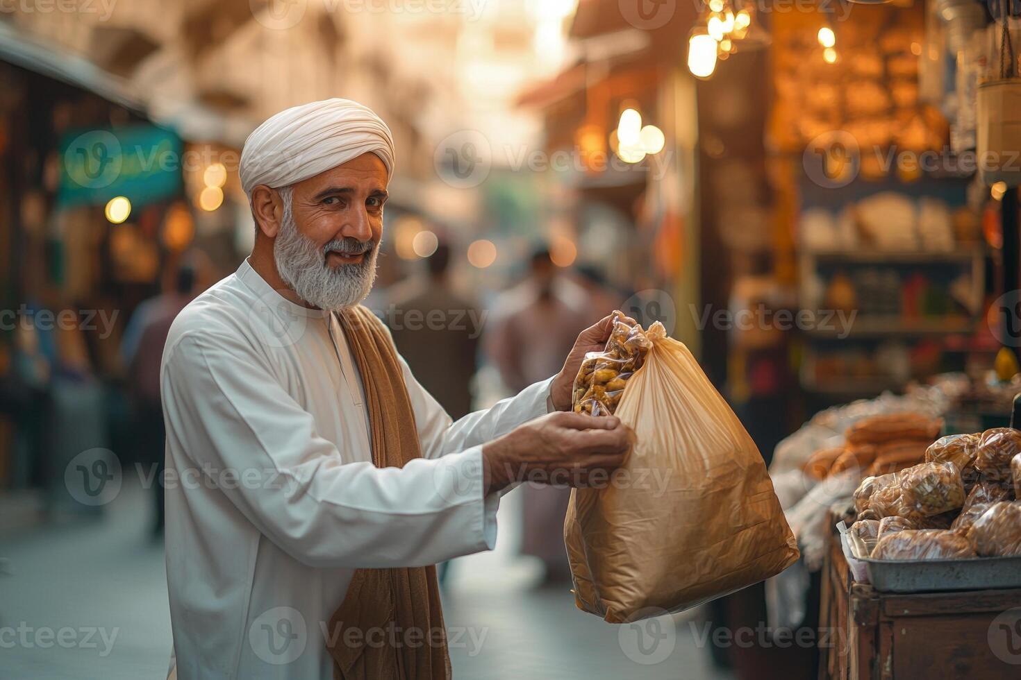 Muslim man in white thobe generously hands bag of food homeless person on bustling city street. warm afternoon sunlight highlights kindness in heartfelt gesture photo