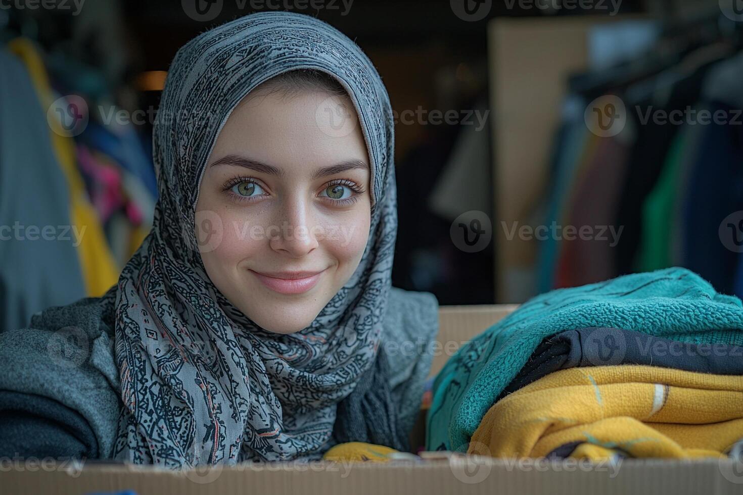 young woman wearing hijab is joyfully placing neatly folded garments into donation box charity center participating in meaningful act of giving during Eid al Fitr photo