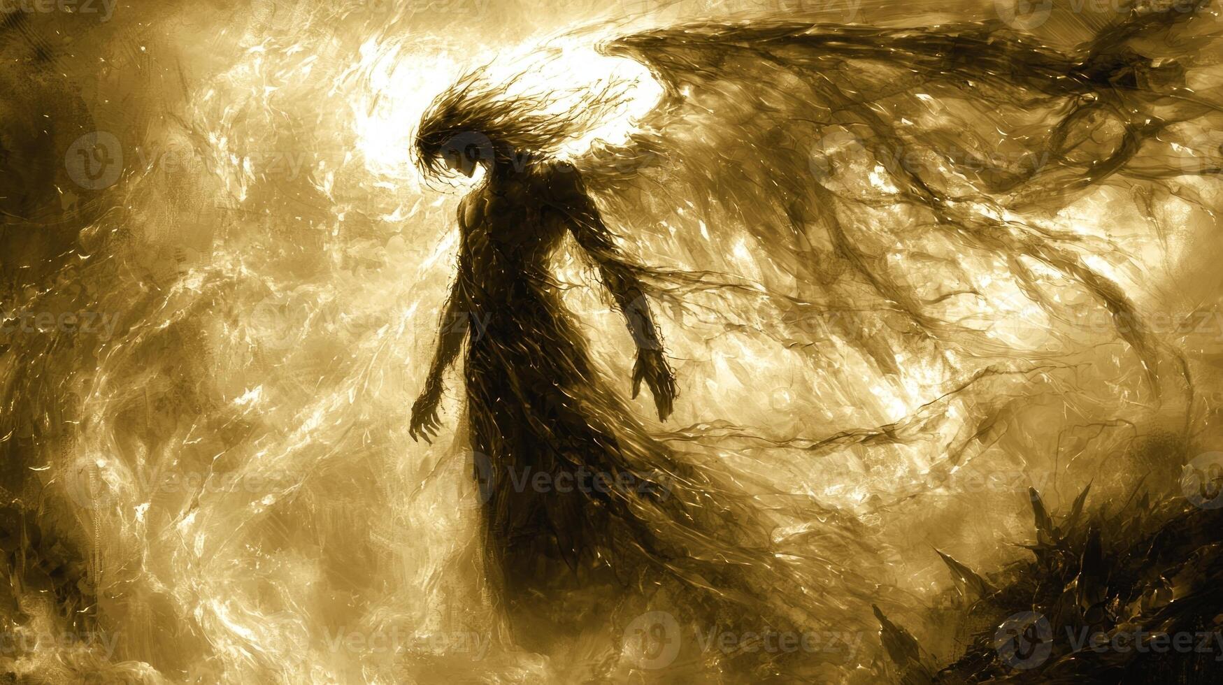 fallen angel tattered wings plunges from heavens illuminated divine light above. His expression reveals sorrow and defiance as he faces shadowed landscape below photo