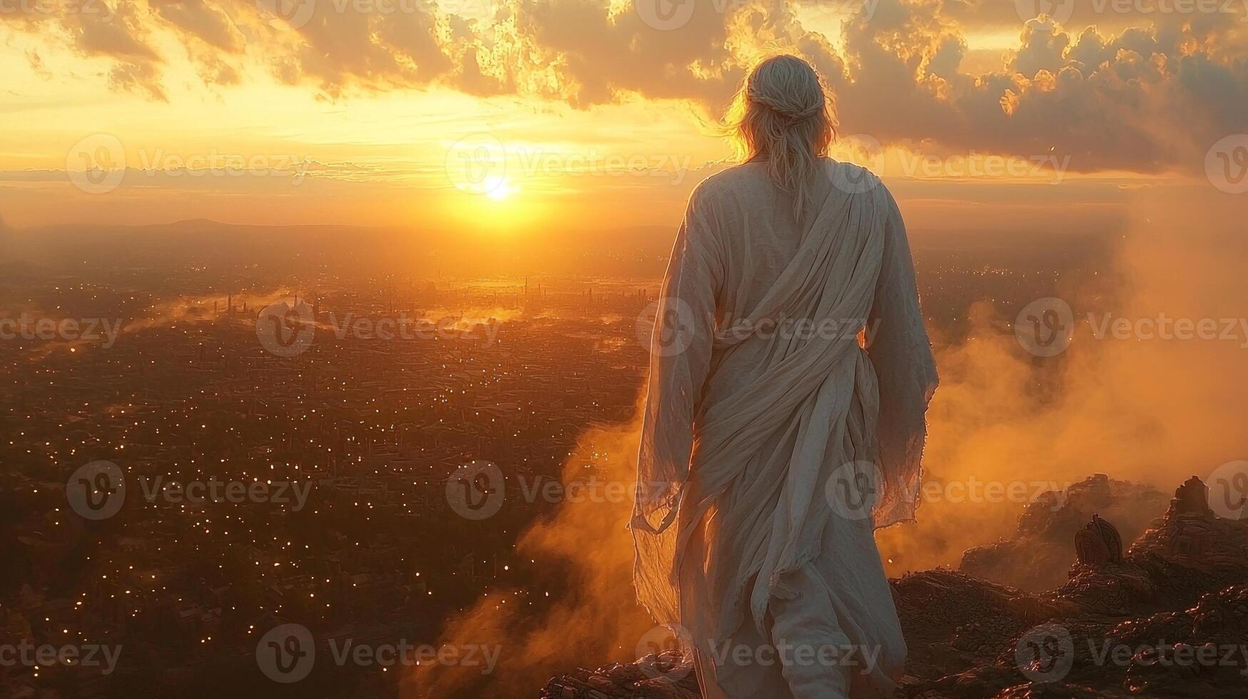 Baldur stands amidst smoldering earth dressed in pure white gazing golden sunrise breaks through smoke representing renewal and hope after destruction photo