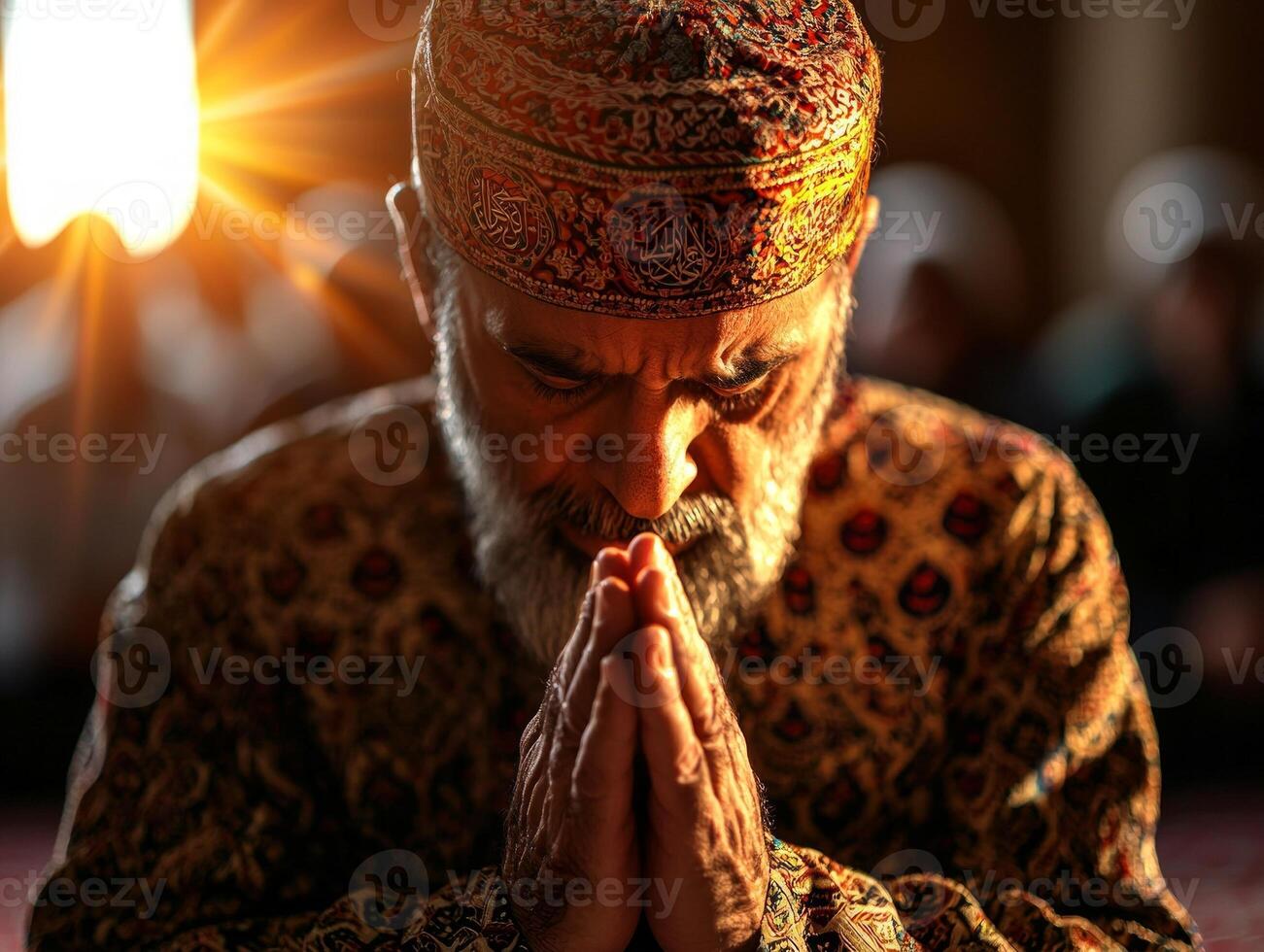 Imam prepares lead Maghrib prayer hands raised in reverence while devoted worshippers gather quietly behind him in mosque during spiritual moment photo