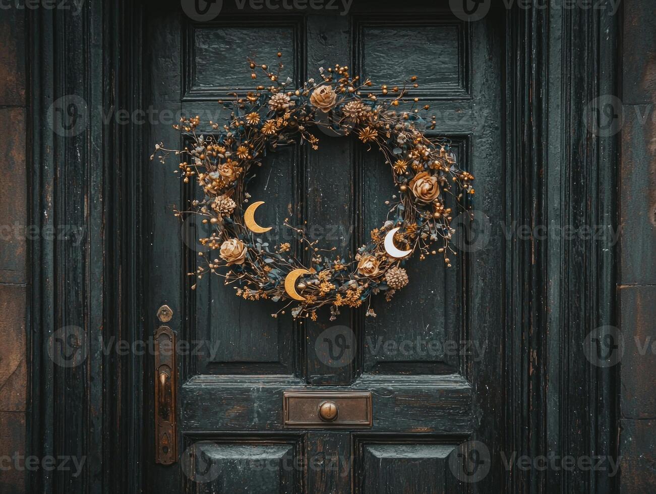 beautifully crafted Ramadan wreath featuring dried flowers golden crescent moons and fairy lights hangs gracefully on dark wooden door celebrating festive spirit photo