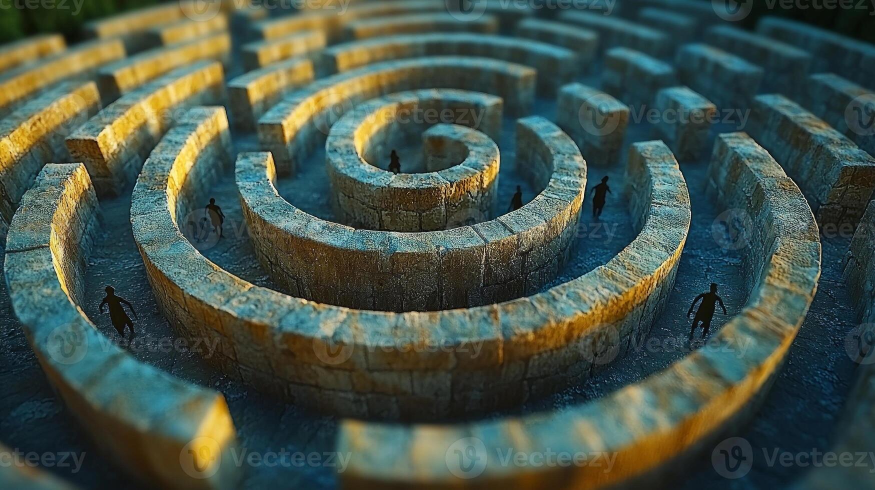 Intricate stone corridors wind endlessly inhabited tiny figures in search of meaning. Shadows hint archetypes lurking illustrating complexity of mind photo