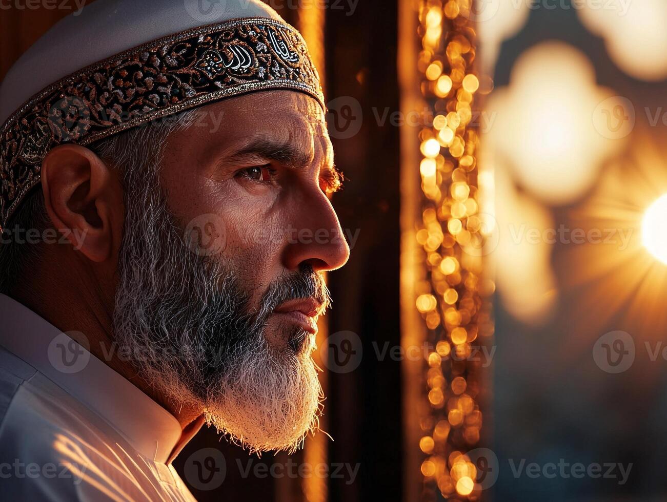 Muslim man wearing white thobe and embroidered kufi cap stands mosque entrance photo