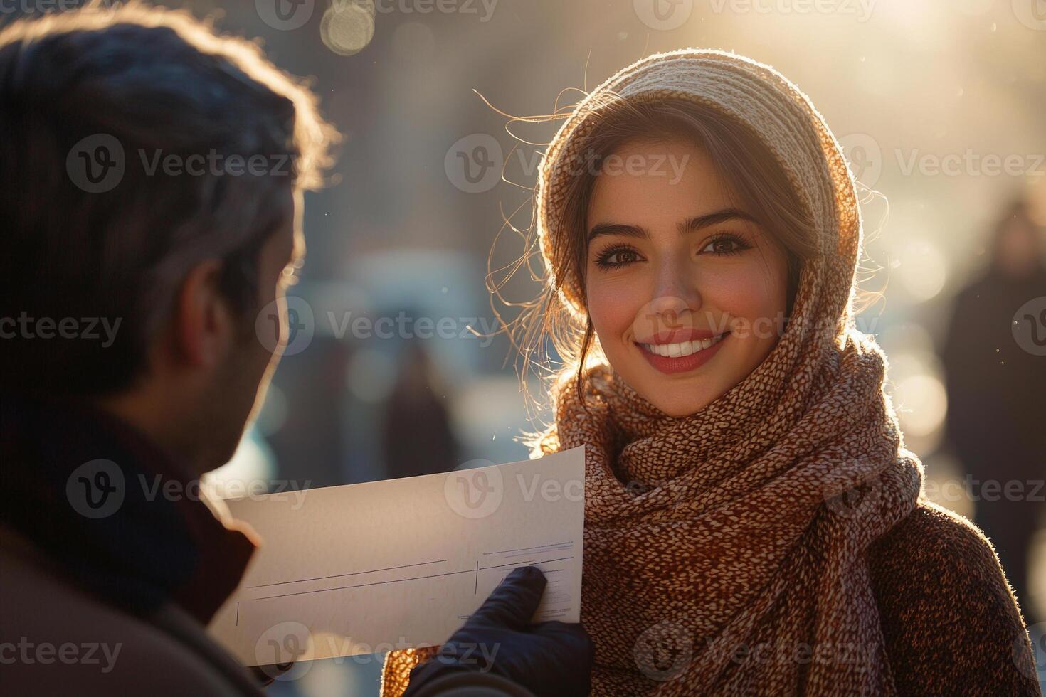 Muslim businessman hands scholarship check smiling student in friendly exchange illuminated soft sunlight coming through window showcasing moment of generosity and hope photo