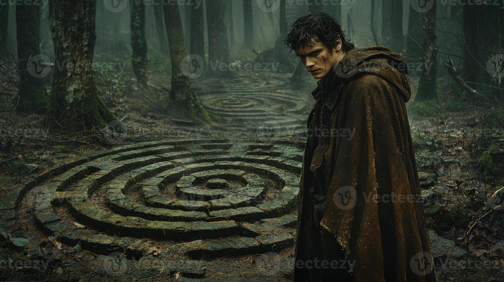 person in flowing red cloak stands labyrinth's crossroads amid ancient moss covered stone walls in misty forest. They appear lost weighing their choices in magical setting photo