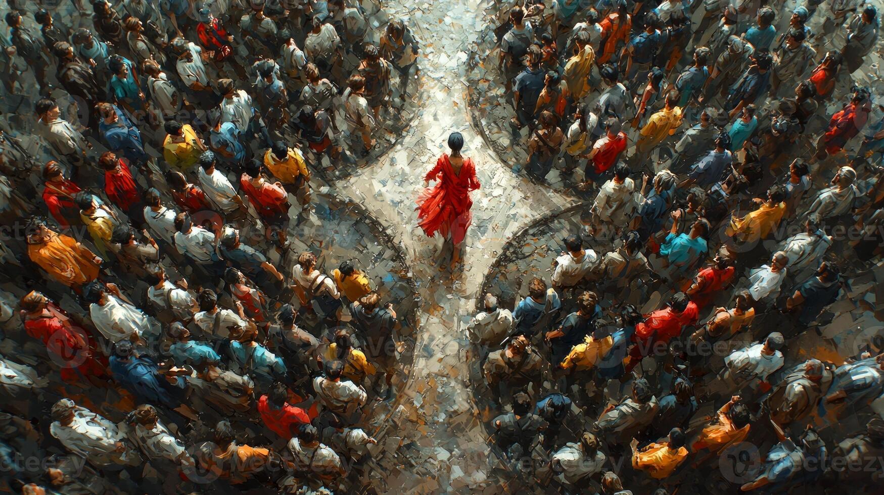 wide landscape reveals fork in road crowd in dark clothing moving in unison while single traveler in bright attire confidently walks away from group embracing individuality photo