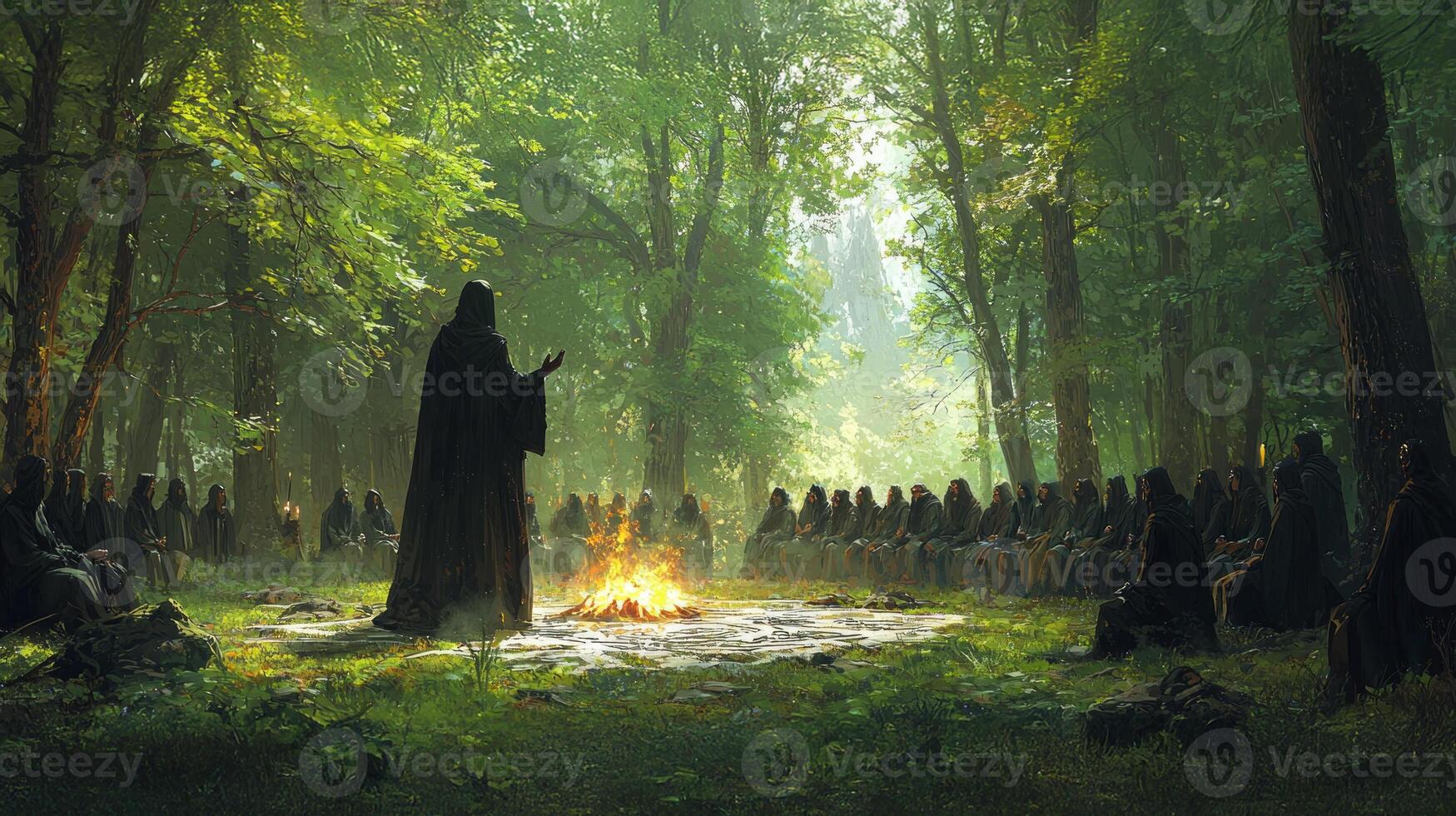 In serene forest dusk robed leader raises their hands sky while followers kneel in reverence photo