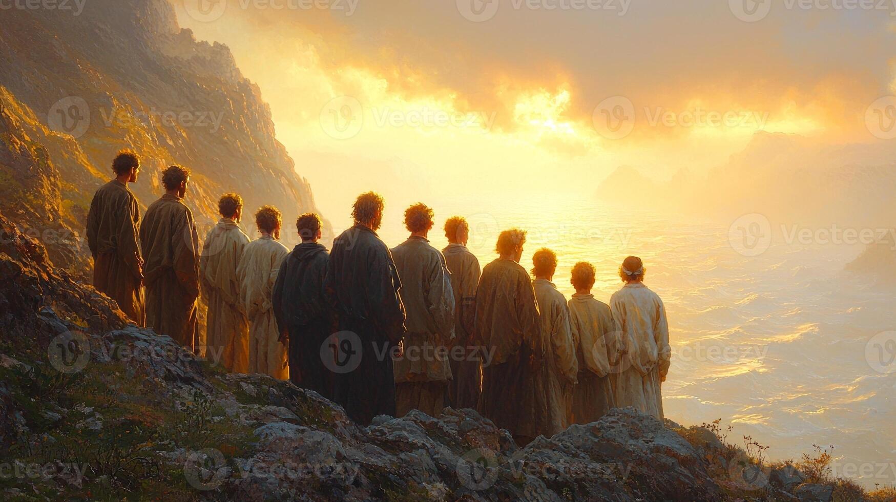 group of Israelites lifts their hands in prayer Nile seeking guidance in peaceful atmosphere. Golden light illuminates their faces as river flows gently behind them photo