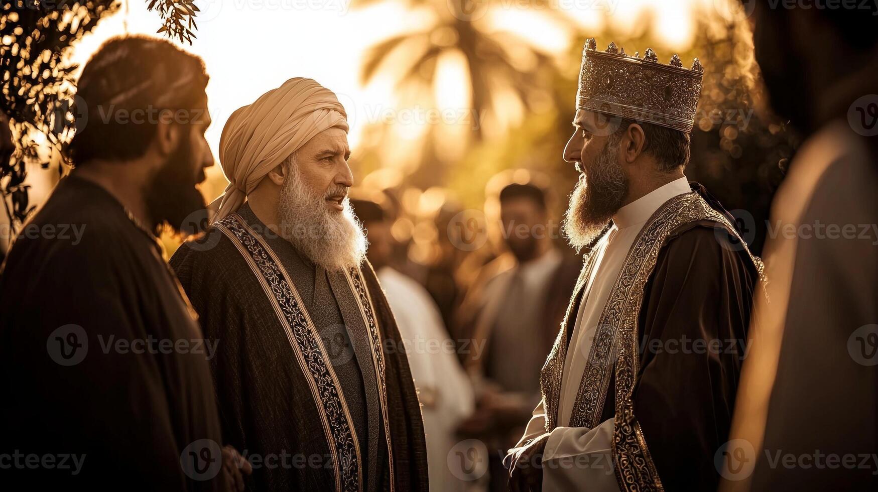 group of men dressed in flowing bishts over their thobes engages in conversation during celebration of Eid al Fitr surrounded warm sunset glow in courtyard photo