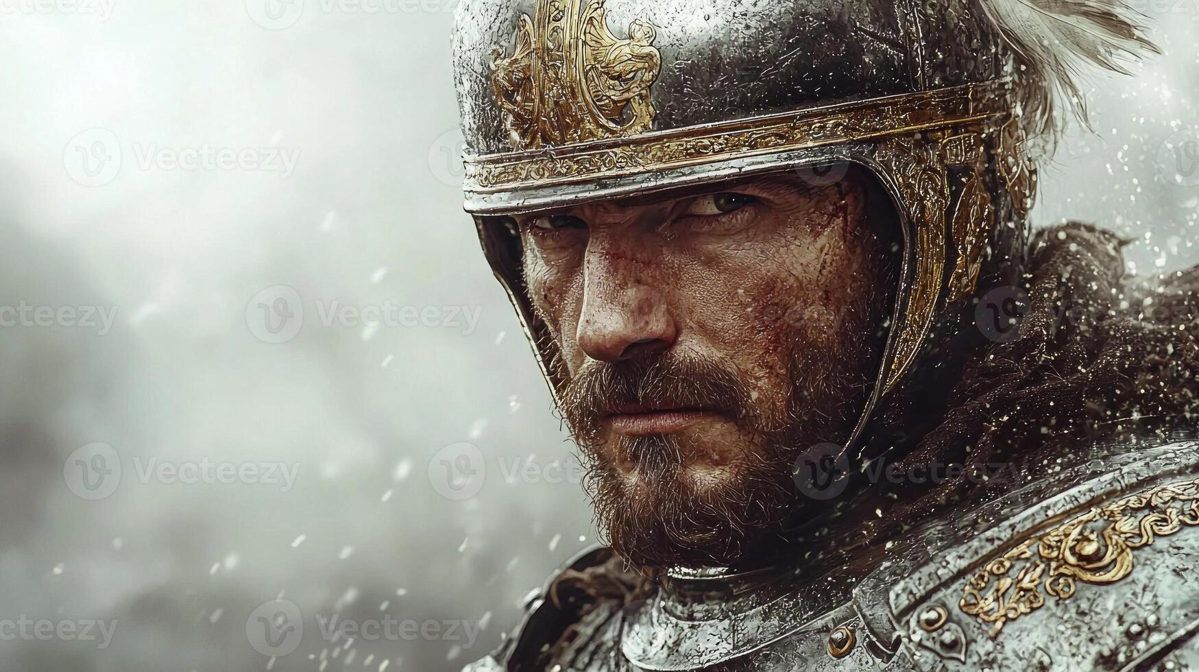 Spanish conquistador stands confidently in elaborately crafted 16th century armor holding rapier. misty jungle behind him hints allure and danger of New World photo
