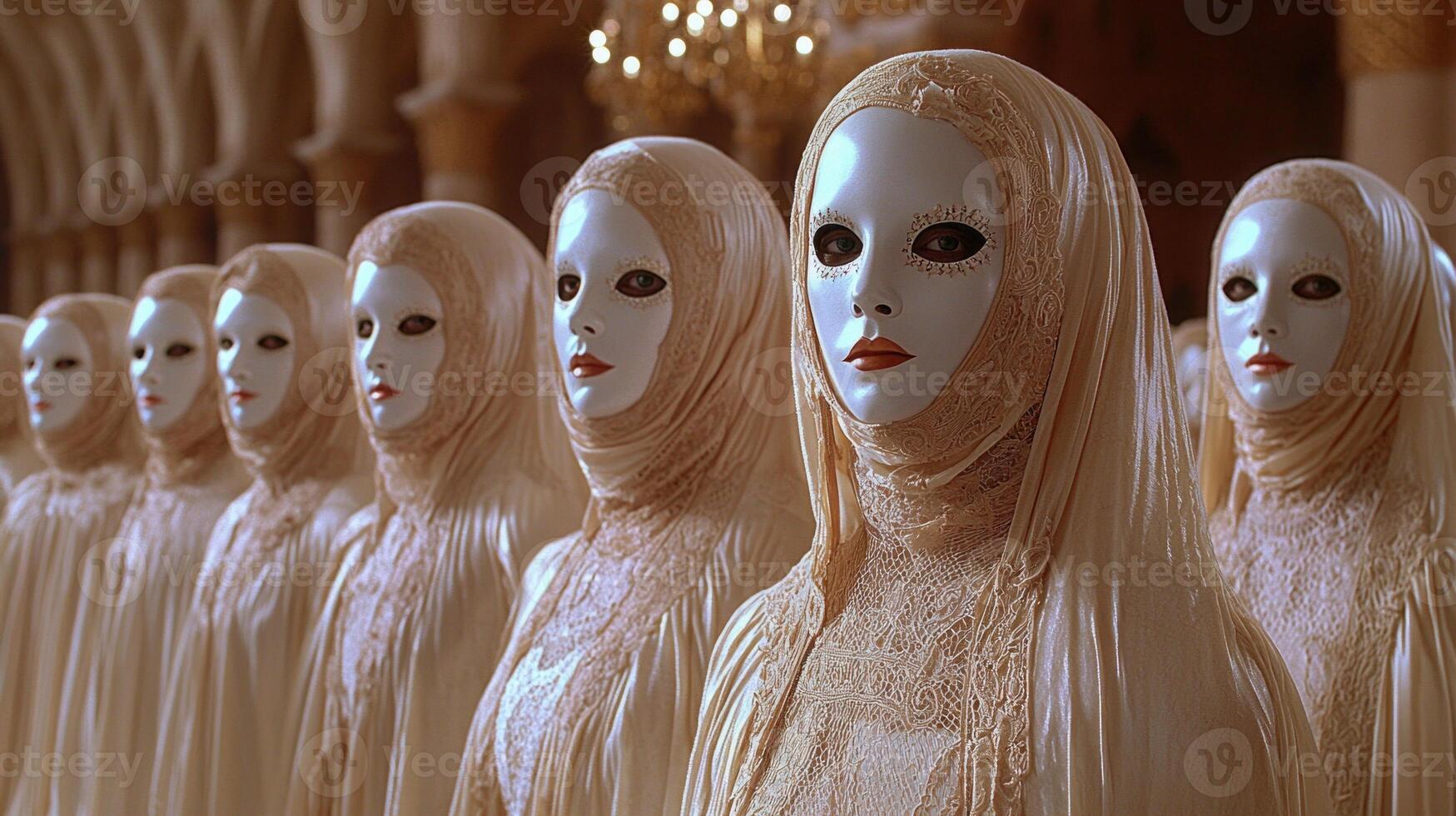 Figures adorned in intricate baroque silks and lace engage in unsettling dance beneath golden chandeliers their cracked masks hinting hidden age and passing of time in surreal setting photo