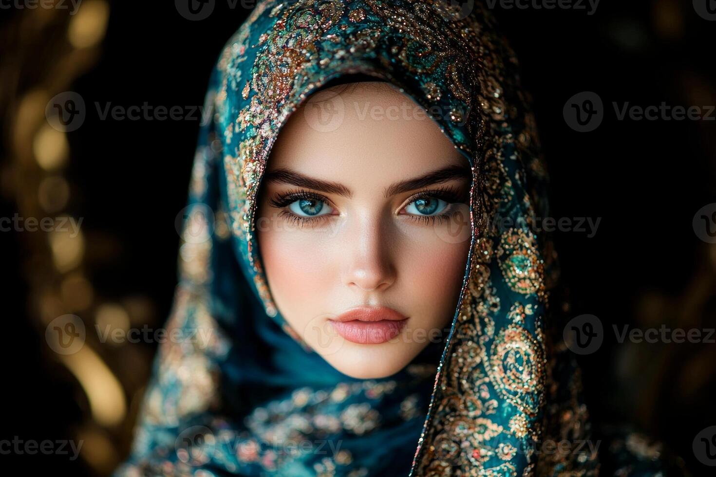 young Muslim woman is adjusting her vibrant hijab while gazing into ornate mirror. Soft natural light enhances her delicate features as she prepares for Eid al Fitr celebration photo