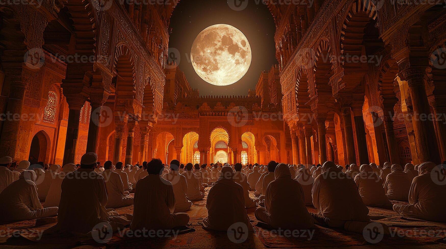In historic mosque during Ramadan group gathers for Taraweeh prayers illuminated soft glow of moonlight through arches creating tranquil atmosphere photo