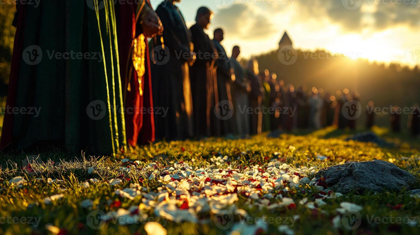 group of pagans dressed in flowing robes stands on grassy hilltop scattering flower petals into wind as their prayers and blessings drift away during tranquil sunset gathering photo