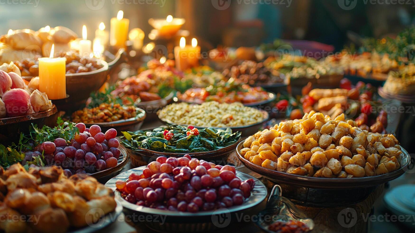 vibrant Ramadan Iftar table showcases traditional dishes like lentil soup stuffed grape leaves and dates all aglow in candlelight inviting family gather and celebrate photo