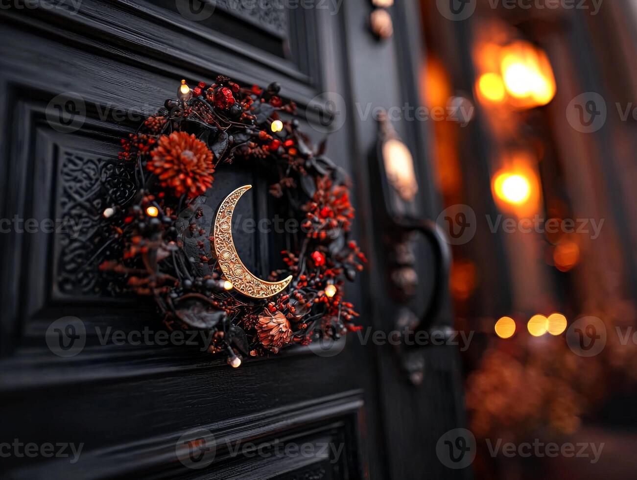 beautifully crafted Ramadan wreath features dried flowers golden crescent moons and enchanting fairy lights adding festive charm dark wooden door for holiday season photo