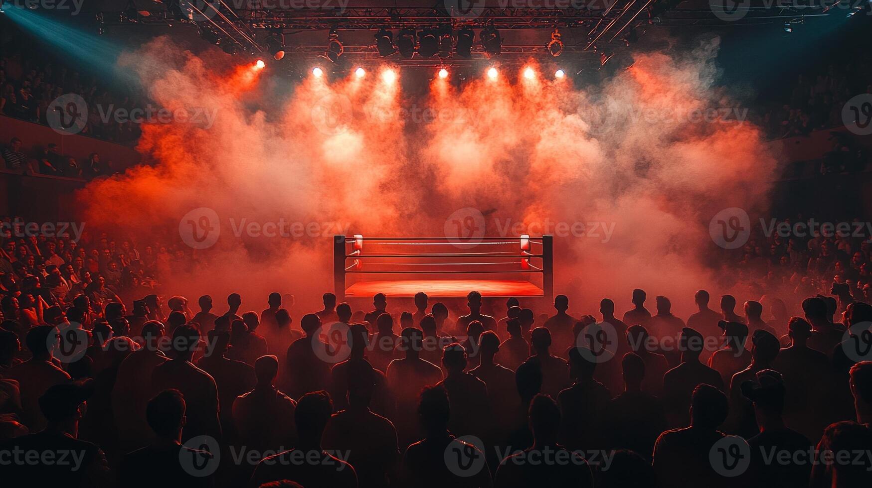 boxing night unfolds in dimly lit venue where boxing ring glows spotlights amidst swirling smoke captivating engaged audience photo