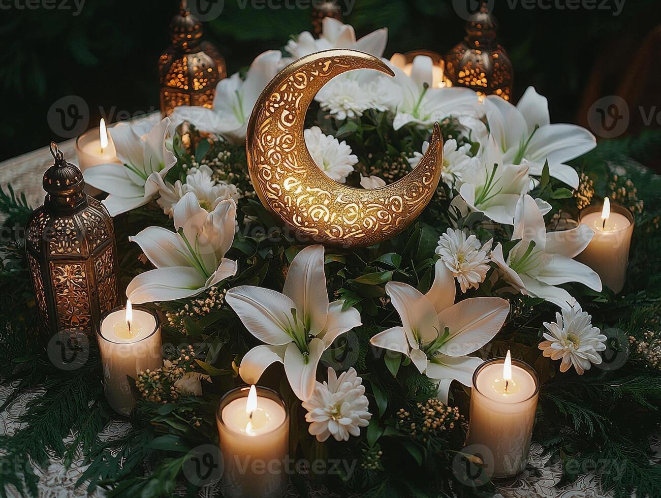 Exquisite centerpiece arranged for Eid al Fitr celebration showcases golden crescent moon ornament surrounded candles and fresh white lilies creating warm festive atmosphere photo