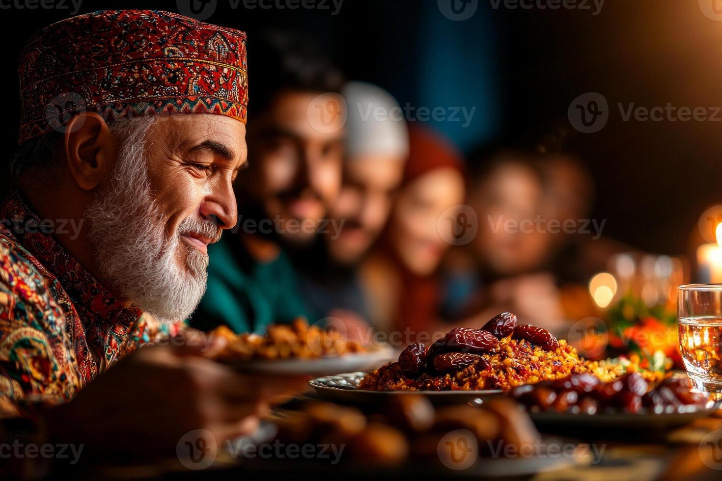 group of friends gathers in mosque break their fast together during Eid al Fitr. They enjoy dates and various dishes while sharing joyful laughter before evening prayer photo