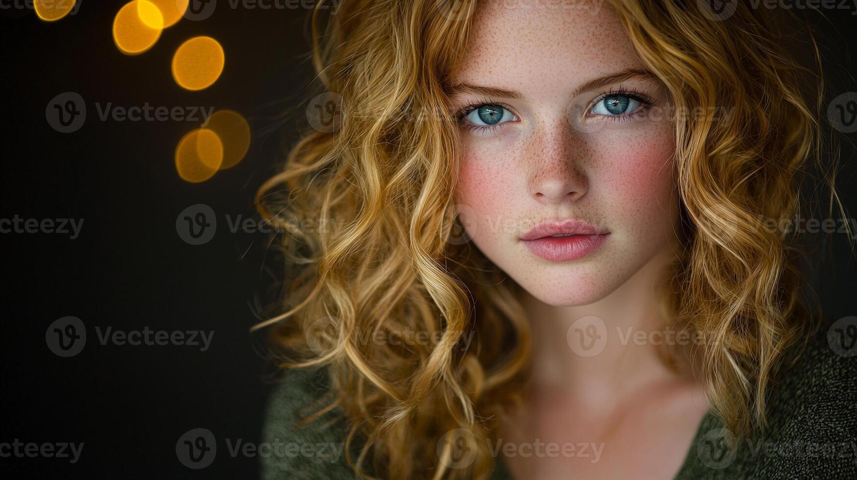 curly blonde haired girl gazes directly into camera her captivating blue eyes illuminated. Soft golden curls frame her face beautifully enhancing her radiant presence photo