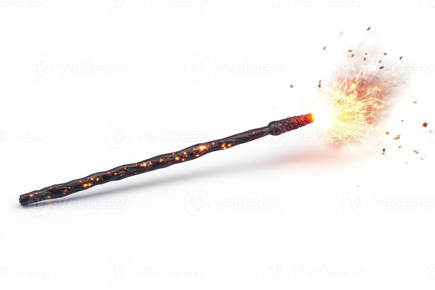 A sparking firework stick emits bright flames against a white background, creating a festive atmosphere. photo