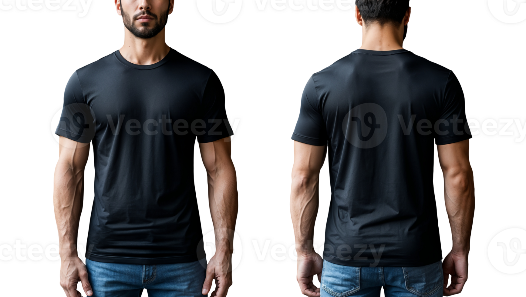 Modern black tshirt mockup with male model front and back view in studio for brand presentation png