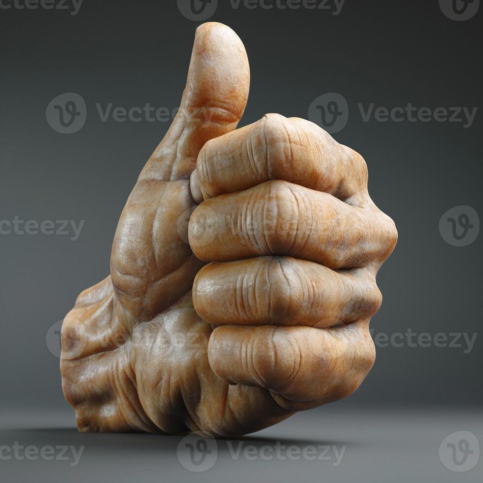 A close-up of a massive, muscular human hand giving a thumbs-up gesture, symbolizing approval and positivity. photo