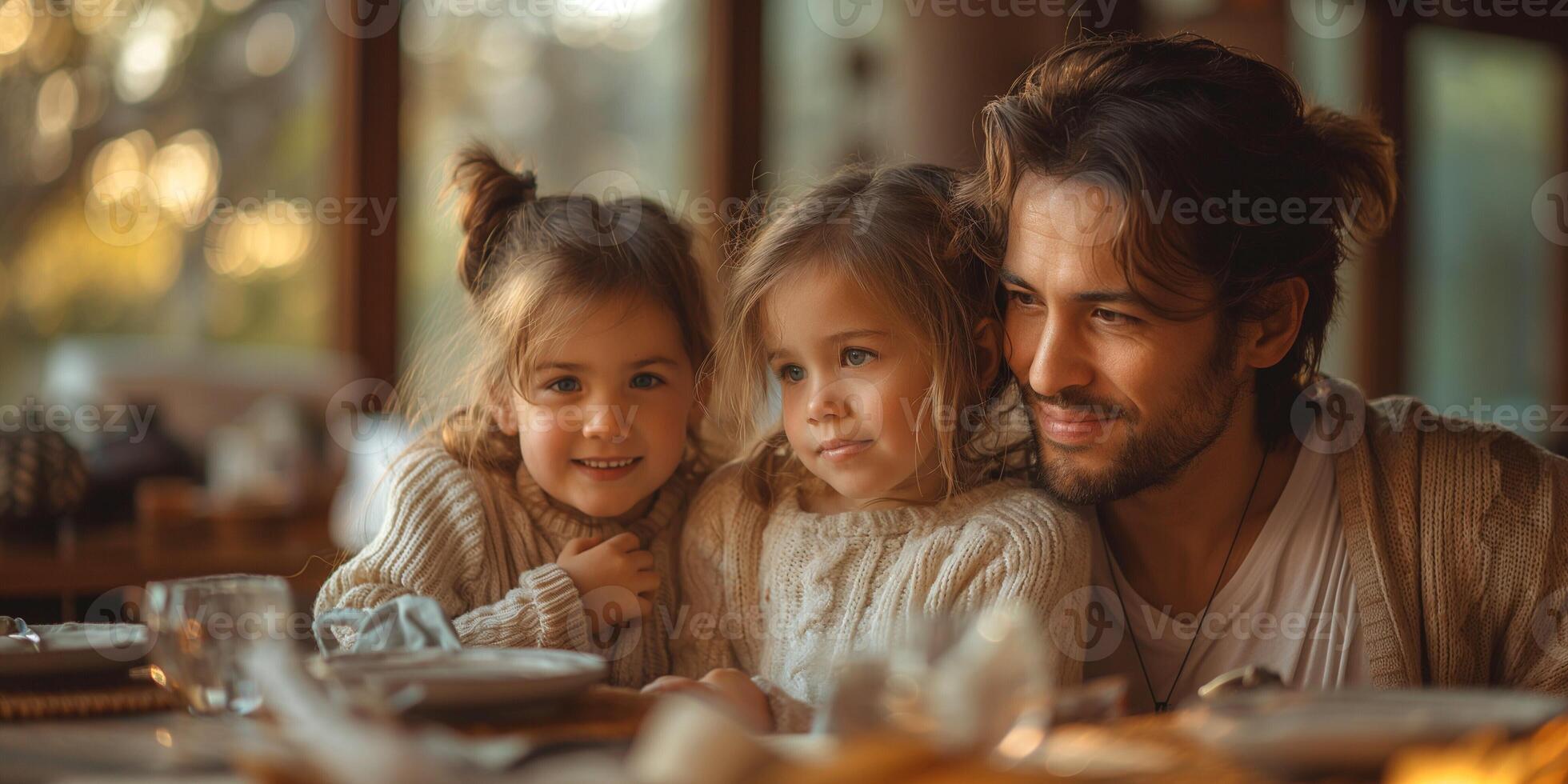 A joyful father with his two young daughters, all smiling warmly, surrounded by a cozy family setting. photo
