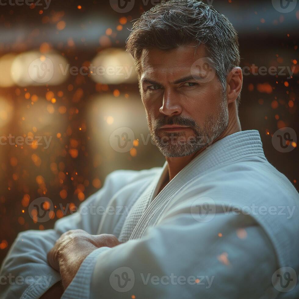 Intense male martial artist with short gray hair, displaying confidence in a traditional white gi against a dramatic backdrop. photo