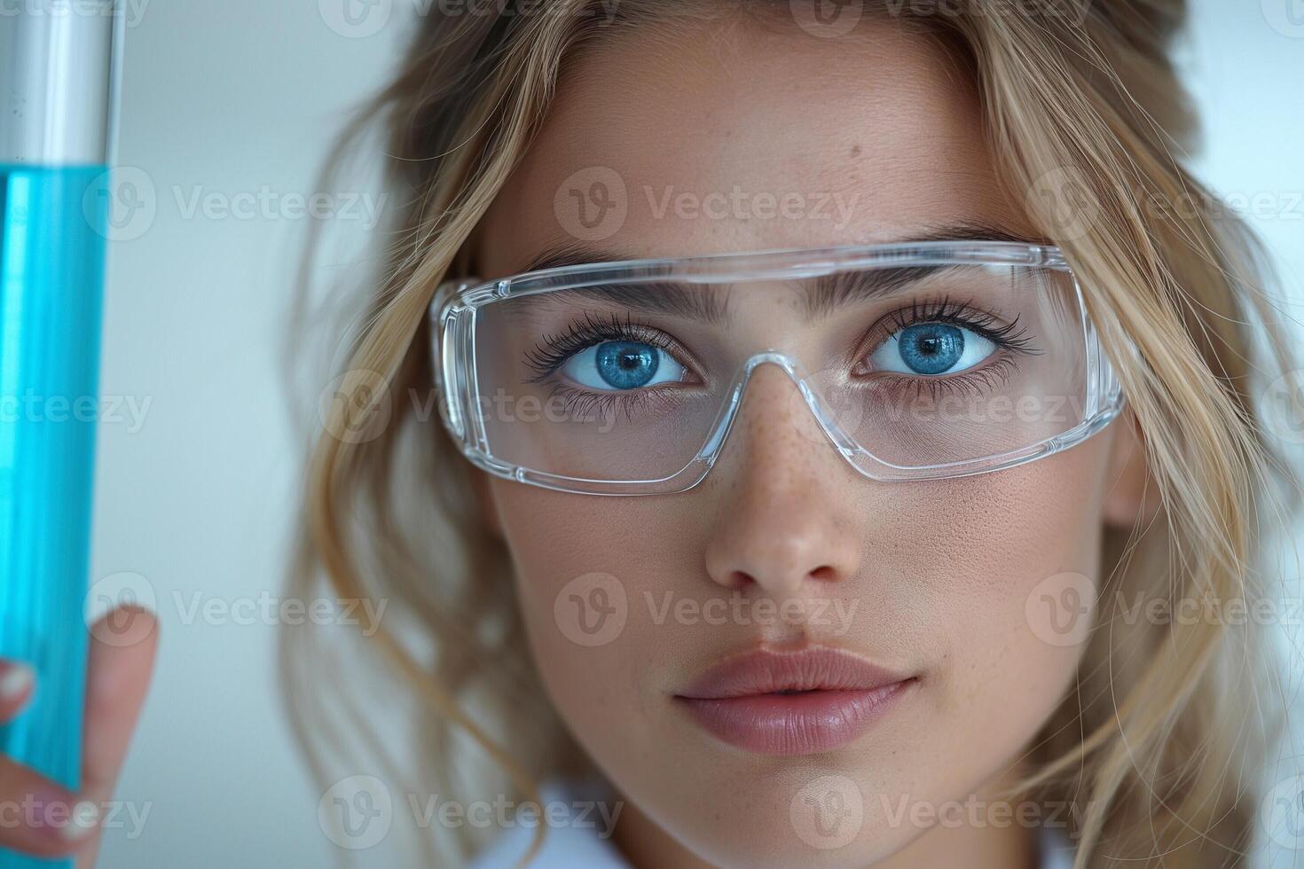 A young female scientist with blue eyes wearing safety goggles, holding a test tube filled with a bright blue liquid. photo
