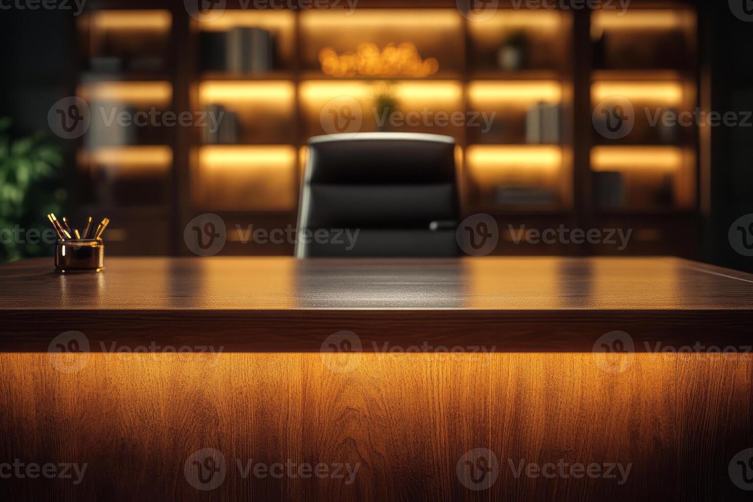A modern, elegant office desk with warm lighting creating a cozy atmosphere, perfect for productivity and focus. photo