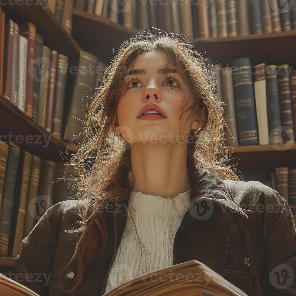 A young Caucasian woman with long hair is immersed in reading in a cozy library filled with books. photo