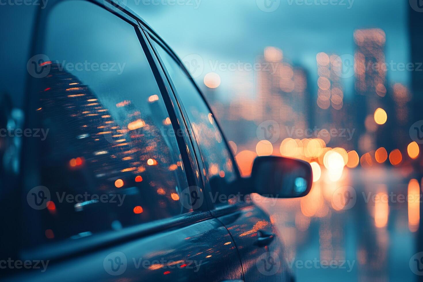 A sleek black car parked under the glow of city lights, creating a mesmerizing reflection on a rainy evening. photo