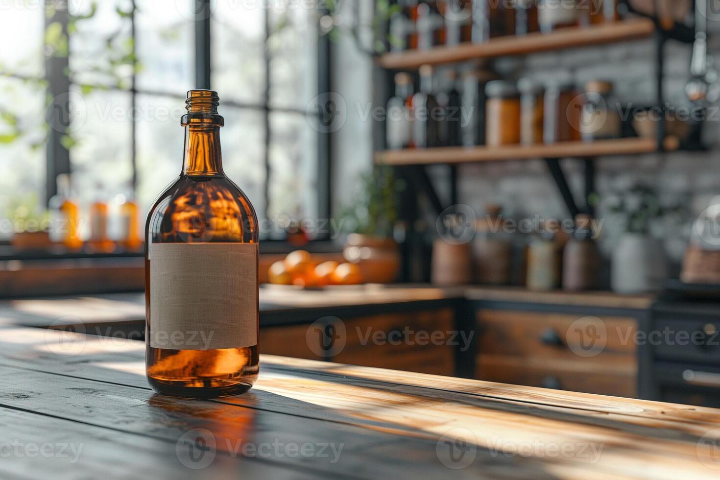 A rustic amber bottle with a blank label stands on a wooden table, surrounded by natural light and a cozy kitchen setting. photo