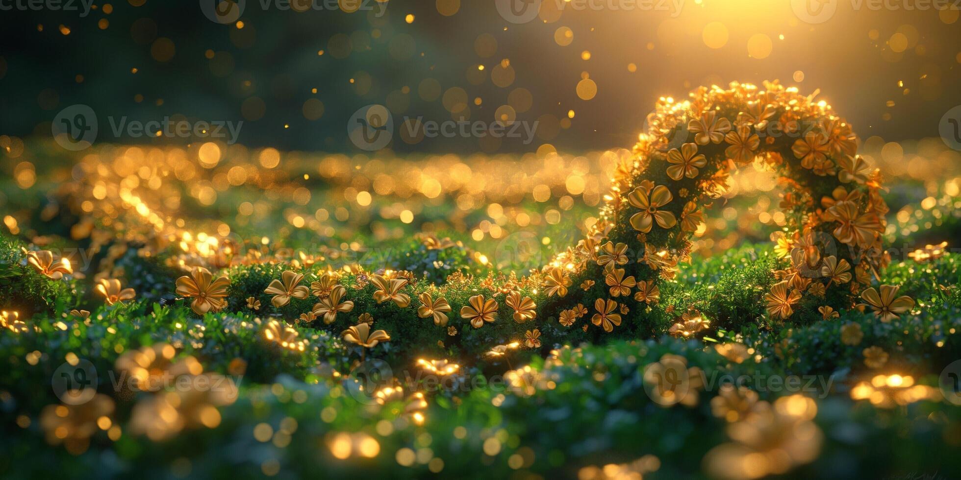 A breathtaking scene of golden flowers illuminated by sunlight, creating a magical atmosphere in a lush green landscape. photo