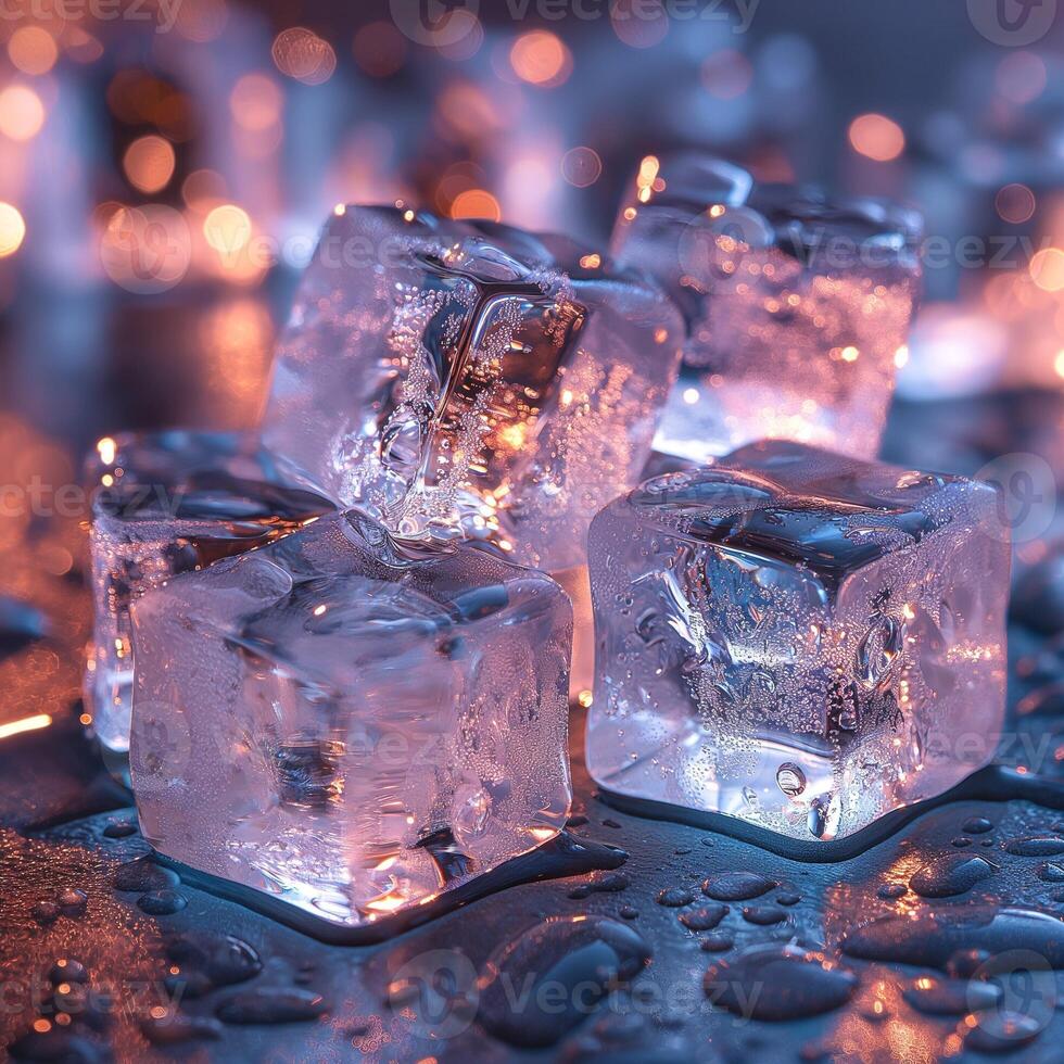 Close-up of clear ice cubes with droplets, illuminated by soft colorful lights. photo