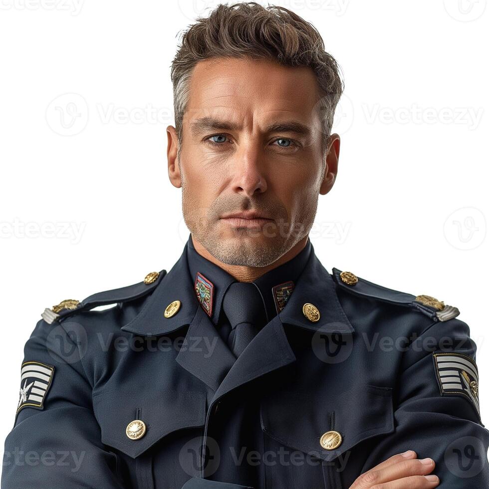 Confident male police officer in formal uniform, exuding authority and professionalism. photo