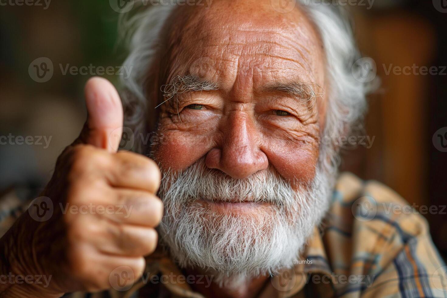 Smiling elderly Caucasian man giving a thumbs up, showcasing joy and positivity in a cozy indoor setting. photo