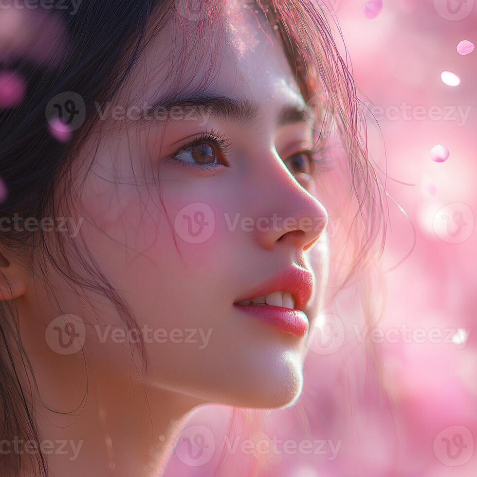 A young Asian woman gazes thoughtfully amidst a blur of pink petals, capturing a moment of serenity and beauty. photo