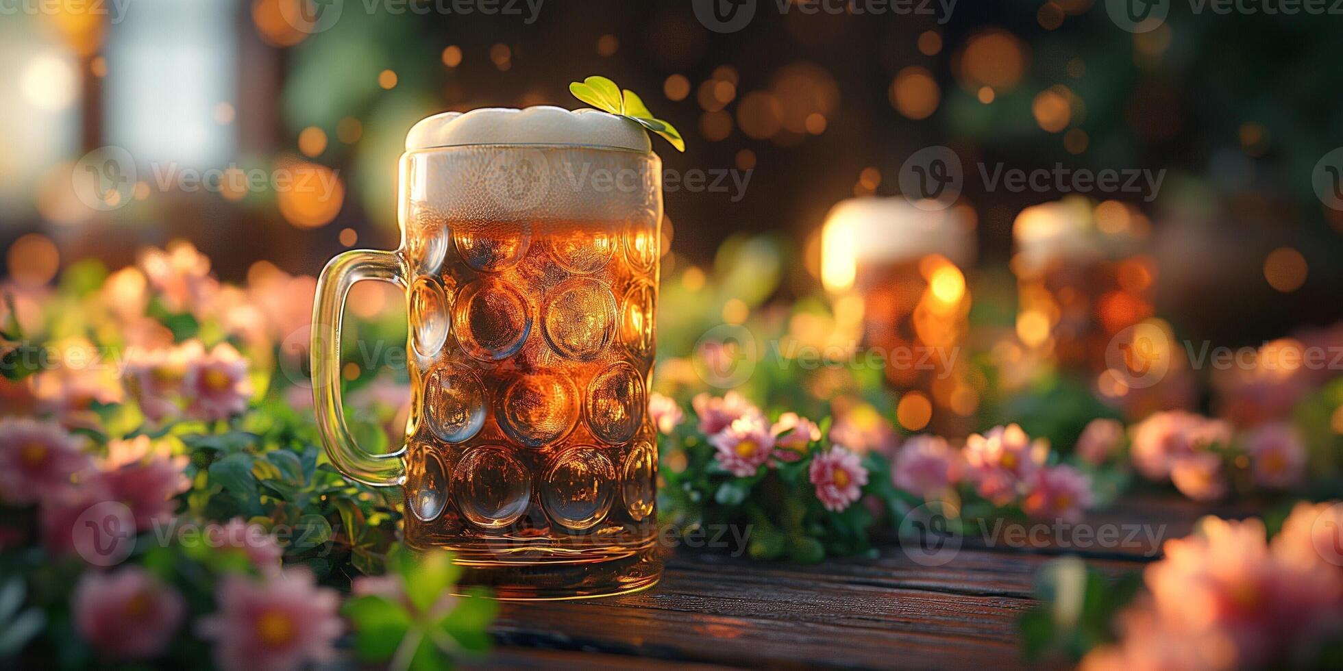 A refreshing glass of beer adorned with a clover, surrounded by vibrant flowers in a cozy outdoor setting. photo