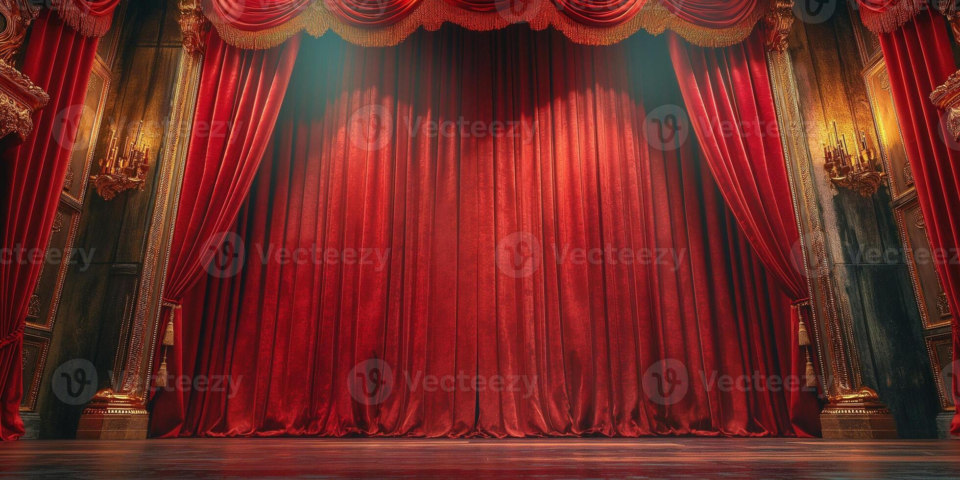 An elegant red velvet curtain drapes on a grand theatre stage, featuring ornate gold accents and soft ambient lighting. photo