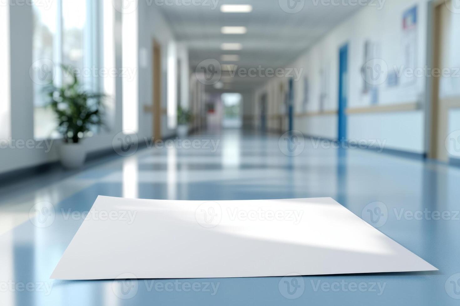 An empty white sheet of paper lies on the floor of a modern hospital corridor, surrounded by bright lighting and a serene atmosphere. photo