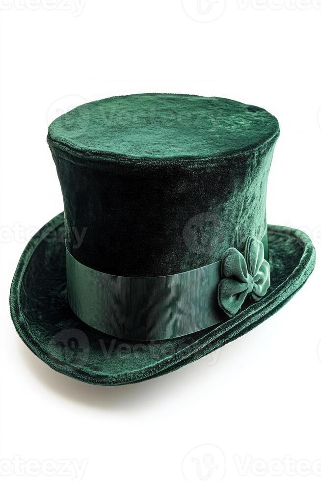 Elegant green velvet top hat with a ribbon and bow detail. photo