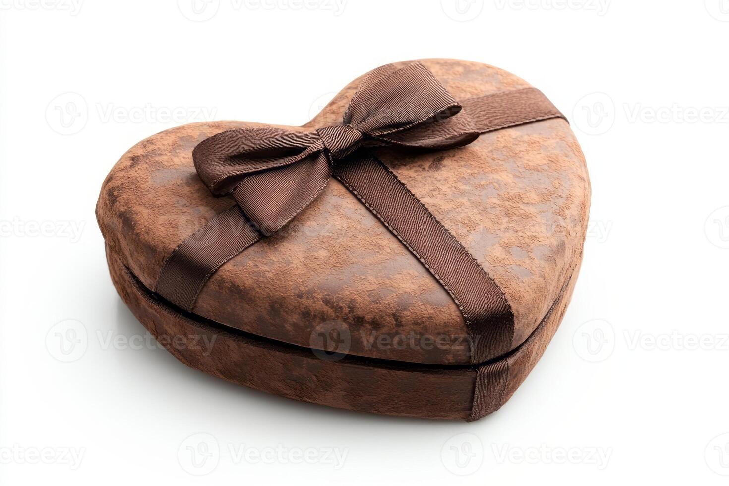 A heart-shaped gift box in rich brown tones with a stylish ribbon, perfect for romantic occasions. photo