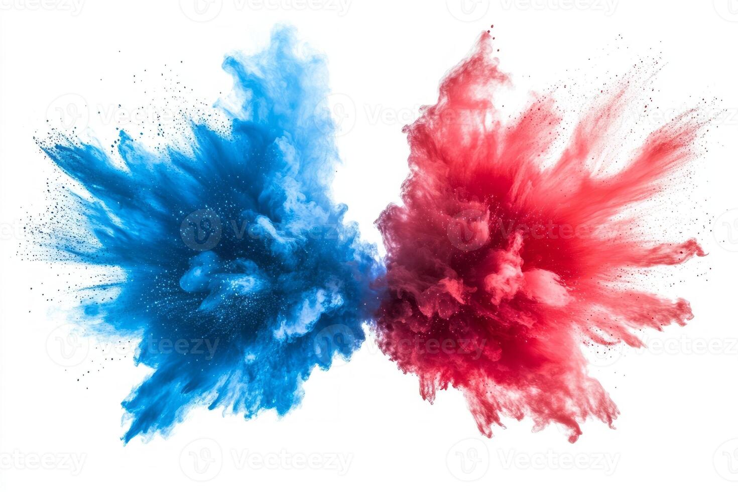 Vibrant blue and red powder explosions creating an artistic swirl against a white background. photo