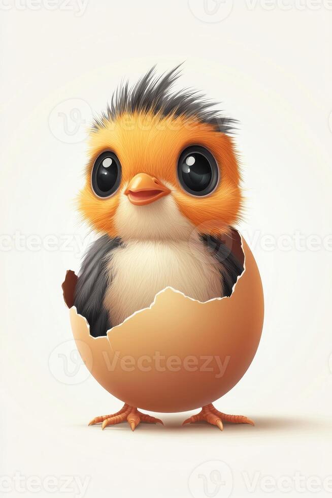 An adorable cartoon chick emerging from its eggshell with big, expressive eyes and vibrant orange feathers. photo