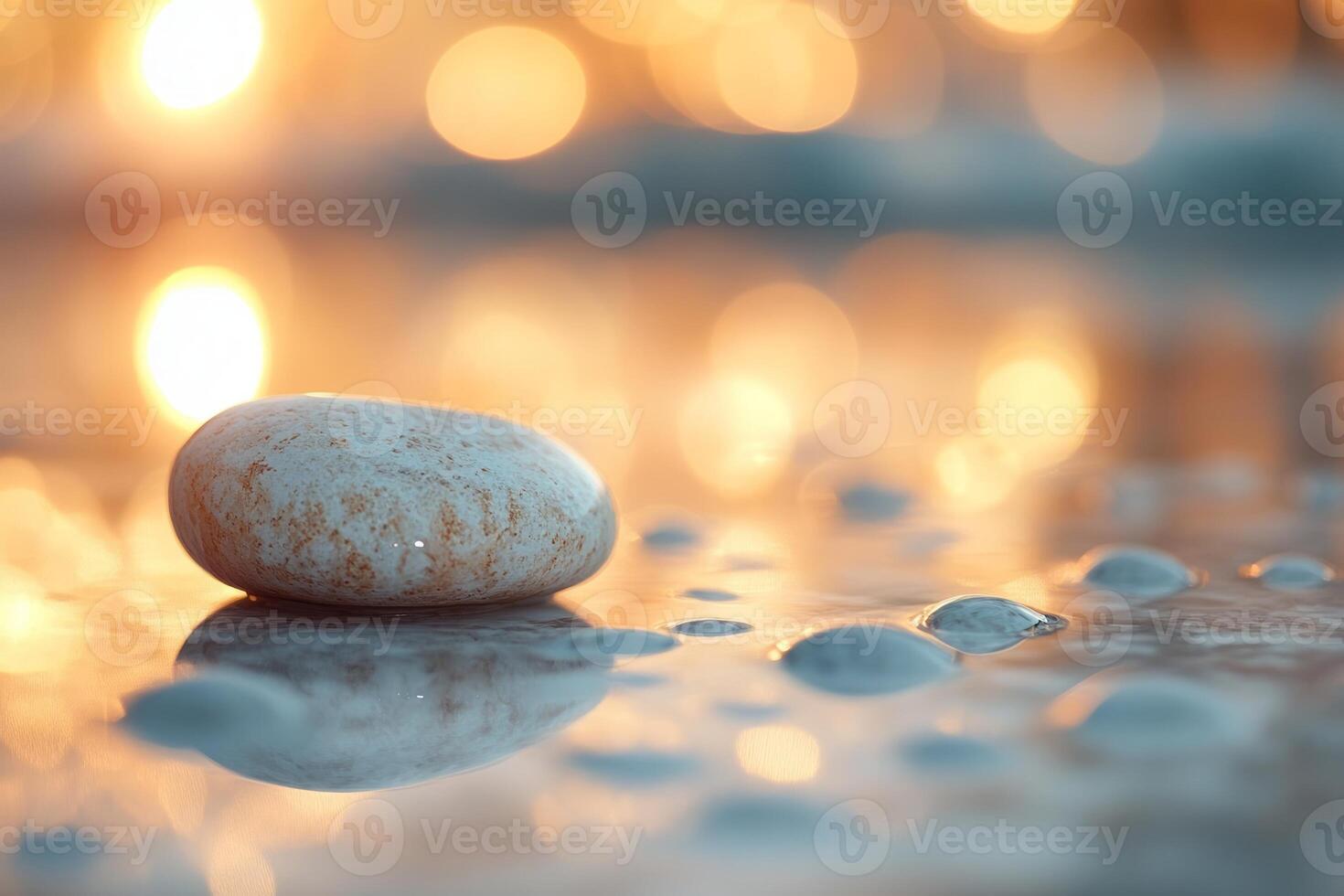 A smooth, pale stone resting on a reflective surface, capturing the warm glow of sunset. photo
